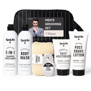 SpaLife 7-Piece Bath and Body Men Grooming Gift Set – 2-in-1 Shampoo & Conditioner, Body Wash, Daily Moisturizer, Post-Shave Lotion, Bath Sponge & Foot Stone for Luxurious At-Home Spa