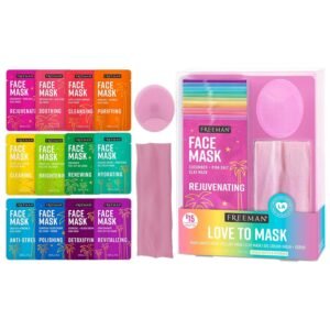 Freeman Facial Love To Mask Variety Pack: Oil Absorbing Clay, Detoxifying Charcoal, Clearing Peel Off, Hydrating Gel Cream, Exfoliating Scrub (14 Piece Kit with Bonus Buffer and Headband)