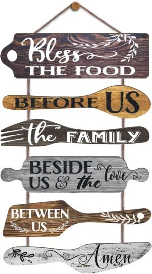 Bless the Food Before Us Farmhouse Kitchen Wall Decor – Dining Room Decorations Collage Wall Art in Neutral Grey Color – Wooden Rustic 6pcs Roped Sign 25×14 Inches Vertical