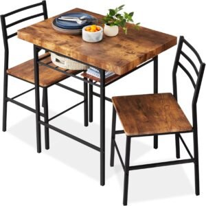 Best Choice Products 3-Piece Modern Dining Set, Space Saving Dinette for Kitchen, Dining Room, Small Space w/Steel Frame, Built-in Storage Rack – Medium Brown/Black