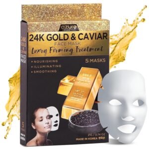 Azure Cosmetics 24K Gold and Caviar Anti Aging Luxury Face Mask – Hydrating & Firming Facial Mask – Helps Reduce Wrinkles & Fine Lines – With Hyaluronic Acid & Collagen – Made in Korea – Pack of 5