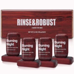 Rinse & Robust Men’s Luxury Bar Soap 4-Pack – Charcoal & Clove Oil Scent | 4-in-1 Exfoliating & Hydrating for Body, Face, Hands | Fathers Day Gifts(5.3 oz Each)