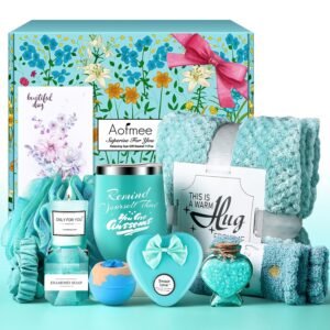 Birthday Gifts for Women, Thinking of You Gift Care Package with Luxury Flannel Blanket for Women Mom Her Wife Friends Sister, Blue Self Care Spa Relaxing Baskets for Christmas Valentines Mothers Day