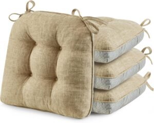 puredown® Chair Cushions for Dining Chairs, Tufted Memory Foam Chair Pads with Non-Slip Backing, Kitchen Seat Cushions with Ties, Washable Seat Pad Set of 4, 15.5″ x 15.5″ x 4″, Khaki