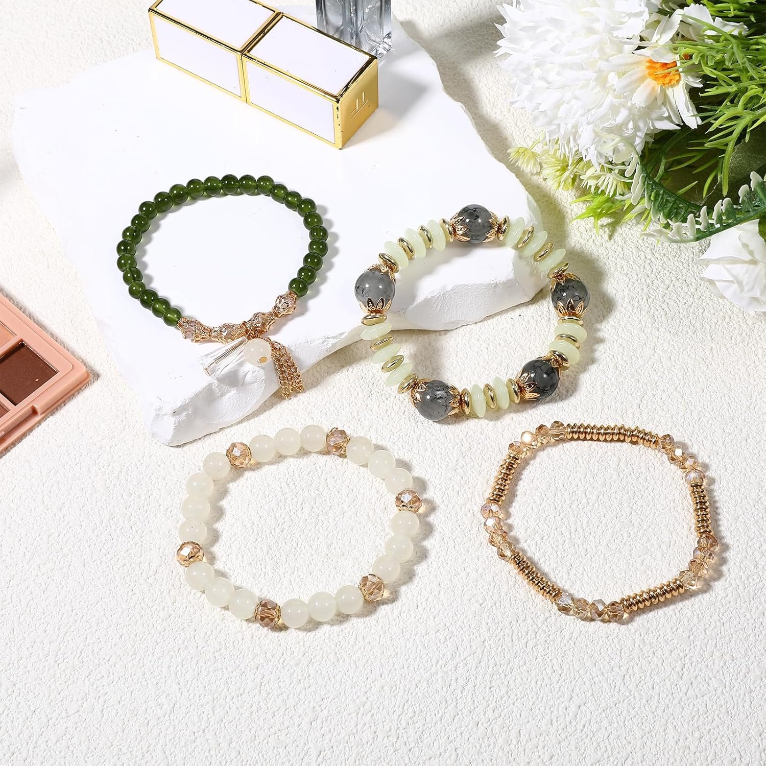 Bohemian Beaded Bracelets for Women 4 PCS Multilayer Stacked Stretch Bracelets Set with Crystal Stone Beads Vintage Charm Jewelry Boho Summer Beach Gift Adjustable Stackable Beaded Bracelet - Image 2