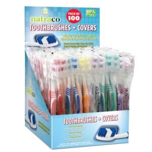 Bulk Toothbrush Pack with Covers | Premium Quality Individually Wrapped Colorful Tooth Brushes | Medium Soft Bristles for Travel, Donations, Hotels (100)
