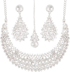 Touchstone Indian jewelry set for women rhinestone bridal necklace statement wedding brides earring formal big designer collar style trendy desi rhinestones maang tikka fashion in gold or silver tone