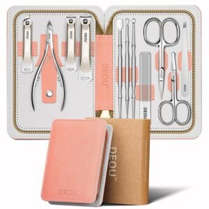 Professional Nail Set 11 in 1 stainless steel home care nail clippers, men’s luxury travel leather storage box, women’s beauty kit (Pink)