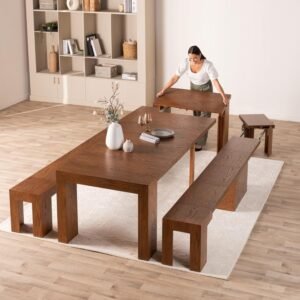 Transformer Table Extendable Dining Table Set for 2 to 12, Wood Kitchen and Dining Room Furniture, Space Saving Console Table with Extending Panels & Dining Benches, Modern Brown Dining Table Set