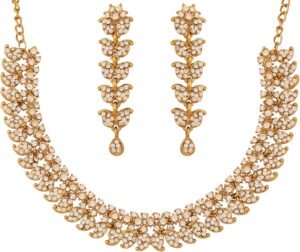 Touchstone Indian jewelry sets for women wedding necklace set gold statement jewellery bollywood rhinestones formal evening joyeria in antique gold or white tone paisley motif.