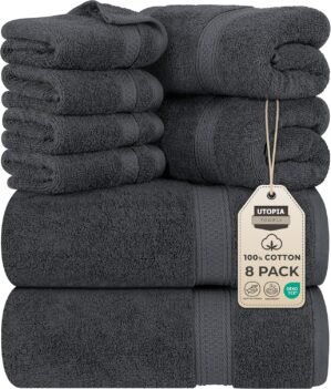 Utopia Towels 8 Piece Premium Towel Set, 2 Bath, 2 Hand, and 4 Wash Cloths, 600 GSM 100% Ring Spun Cotton, Highly Absorbent Towels for Bathroom, Gym, Hotel, and Spa, Grey