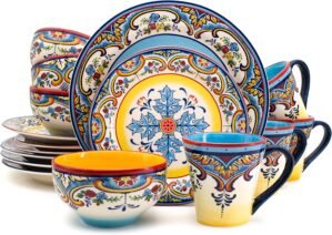 Euro Ceramica Zanzibar Collection 16 Piece Dinnerware Set Kitchen and Dining, Service for 4, Spanish Floral Design, Multicolor, Blue and Yellow