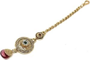 Duel On Jewel | Traditional Indian Bridal Party Maang Tikka Headpieces for Women | Gold-Plated with Kundan, Red & Green Stones, Glass Drops, Side Chains & Charms | 4.25–5.5 Inch | Wedding Hair Jewelry