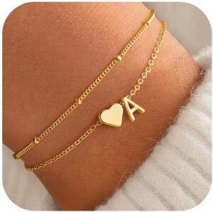 M MOOHAM Initial Heart Gold Bracelets for Women – Layered Dainty Gold Heart Letter A-Z Charm Bracelets for Women, Chain Link Charm Bracelets Beaded Bracelets Birthday Gifts Womens Jewelry