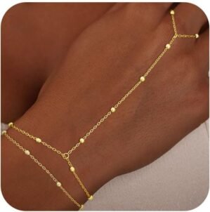 Gold Bracelets for Women Trendy, Dainty Gold Hand Chain Bracelet Stack 14k Gold Plated Finger Ring Bracelet Hand Chain Cz Layered Beaded Gold Bracelets for Women Non Tarnish Gold Jewelry Gift