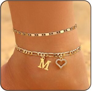 Initial Ankle Bracelets for Women Waterproof 14K Gold Plated Dainty Layered Figaro Chain Letter Initial CZ Heart Ankle Bracelets Set Summer Beach Jewelry for Women