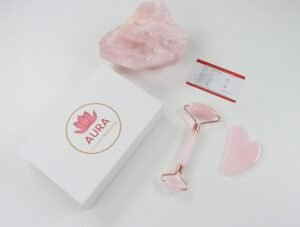 Aura – Live life beautifully Premium Certified Luxury 100% Authentic Rose Quartz Pink Roller & Gua Sha Set for Anti-Aging Skin Care, Muscle Relaxation, Fine Line Reduction, and Eye Puffiness Relief
