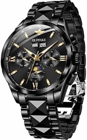 OUPINKE Men’s Skeleton Mechanical Watches Luxury Dress Automatic Self Winding Sapphire Crystal Waterproof Tungsten Steel Band Wrist Watches