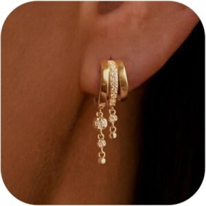 Gold Earrings For Women, 14K Gold Plated Dangle Earrings Dainty Huggie Earring for Women Trendy Hypoallergenic Long Drop Earring Cute Small Hoops Unique Tarnish Free Waterproof Jewelry