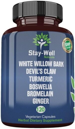 Pain Relief- White Willow Bark Extract, Devil’s Claw, Turmeric, Boswellia, Bromelain and Ginger Premium Extract Blend- 120ct