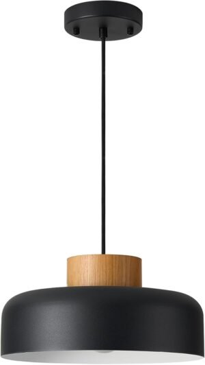 Modern Farmhouse Pendant Lights, 12.6 inch,Natural Wood Cap, Stylish Simple Ceiling Light Fixture for Dining Room, Kitchen Table, Matte Black