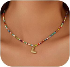 Initial Necklace for Women Cute Colorful Beaded Charm Necklaces Bohemian Colorful Letter Necklaces Personalized Bubble Necklace Trendy Choker for Women Jewelry Gift
