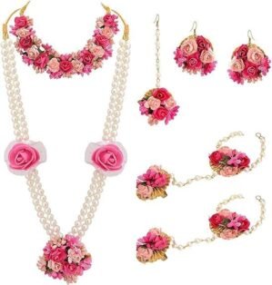 Flower Designer Jewellery Set For Women Mehandi Haldi Bridal Baby Shower Marriage, Standard, Ceramic, No Gemstone