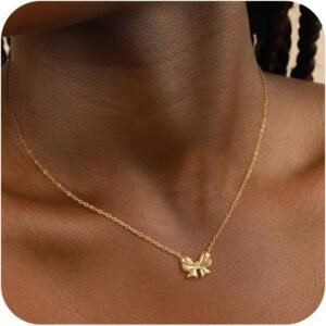 Gold Bow Necklace for Women, 14K Gold Plated Bowknot Pendant Choker Chain Necklace, Small Dainty Beaded Zircon Pearl Bow Necklaces Trendy Jewelry for Women