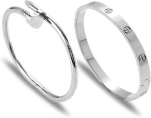 Gold Clover Bracelets for Women – Stackable Stainless Steel Nail Bracelet, Friendship & Love Bangle – Trendy Jewelry Set, Ideal Birthday Gift