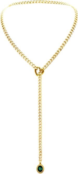 Heart Slip Chain Necklace for Women, Gold Cuban Chain with Removable Heart O-Ring, Sparkling Crystal Pendant, Adjustable Y-Necklace, Dainty Statement Jewelry.