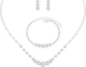 Silver Jewelry Set for Women Crystal Choker Necklace Earrings Link Bracelet Bridal Wedding Jewelry for Brides Bridemaid Prom Costume Accessories