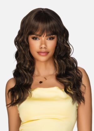 Amore Mio Hair Collection’s AW-NOVA, Long Spanish Wavy EVERYDAY WIG with Straight Fringe Bang, Color 2 Dark Brown