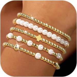 HUASAI Gold Beaded Bracelet Stack for Women Trendy Non Tarnish Chunky Stretch Paperclip Cross Pearl Bracelets Set Stackable Jewelry Costume Accessories