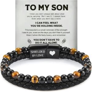 The Guardian – Son’s Tiger Eye Protection Bracelet for Men, Personalized Leather Black Beaded Bracelet, Handmade Cuff Inspirational Bracelets Men’s Birthday Weave Gift Jewelry