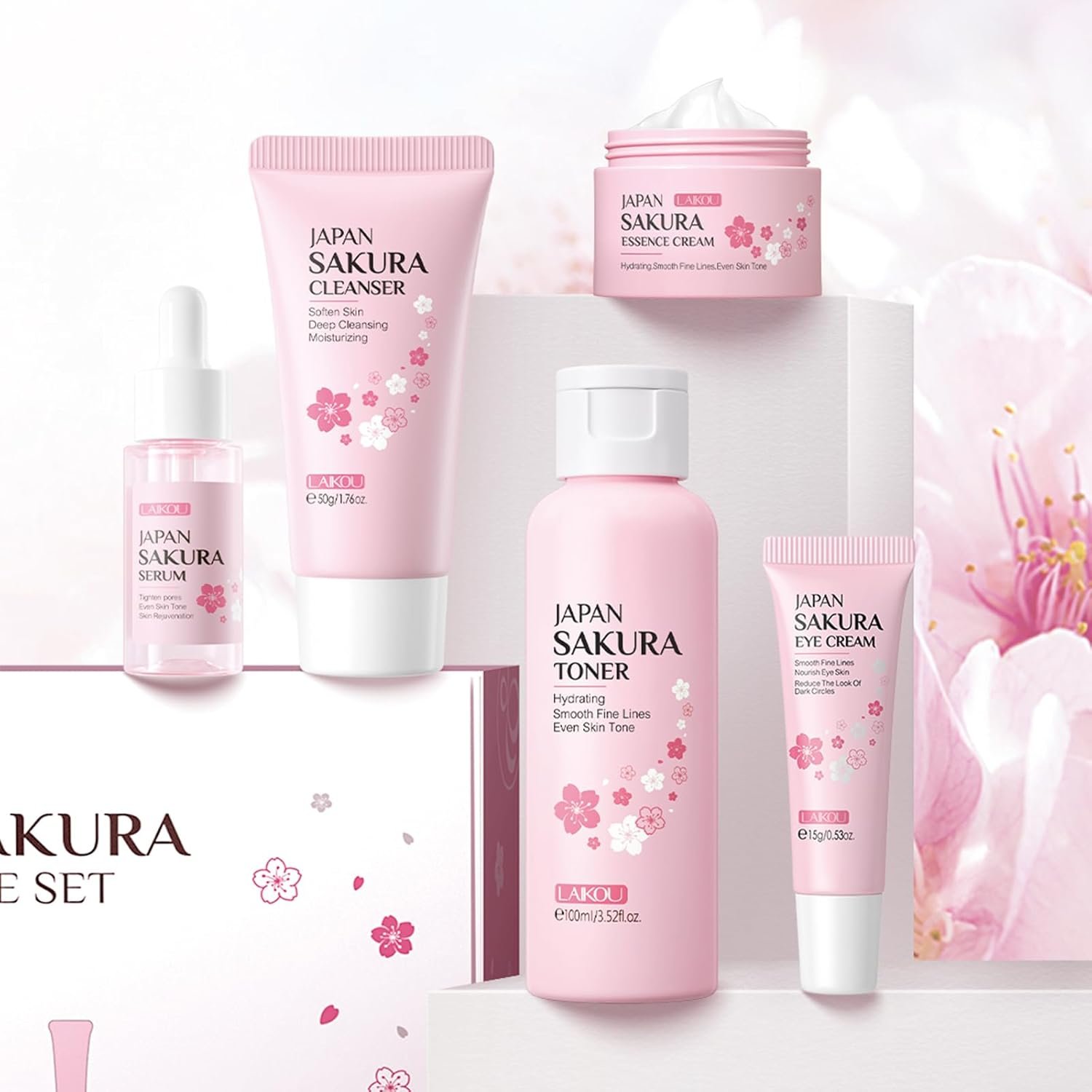 Skin Care Set JAPAN SAKURA Women Beauty Gift Sets Skin Care Kit with Cleanser, Toner, Serum, Eye Cream, Face Cream Travel Kit for Women Teen Girls Mom Daughter Birthday TSA-friendly Sizes 5pcs - Image 6