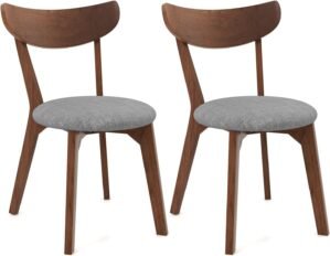 COSTWAY Dining Chairs Set of 2, Mid-Century Modern Kitchen & Dining Chairs with Curved Back and Cushioned Seat, Walnut Finished Wood Living Room Side Chairs for Kitchen, Dining Room, Bistro