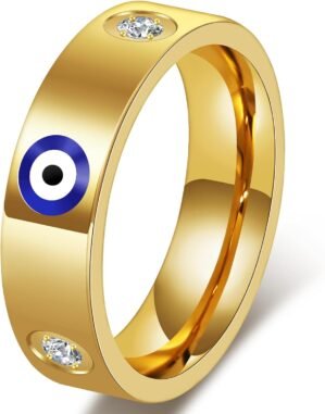 Evil Eye Cubic Zirconia Wedding Ring 18K Gold Stainless Steel – Stackable Anniversary Engagement Band Gift for Wife,Bride,Girlfriend, Sister,BFF,Statement Protection Jewelry,Non Tarnish,Size 5-11