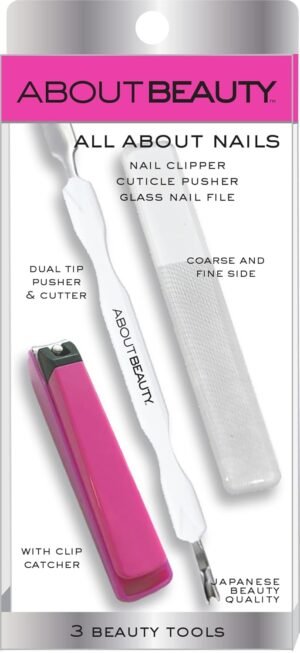 All About Nails – 3 Japanese Beauty Tools, Includes Nail Clipper with Clip Catcher, Dual Tip Cuticle Pusher & Cutter, & Glass Nail File with Coarse and Fine Side