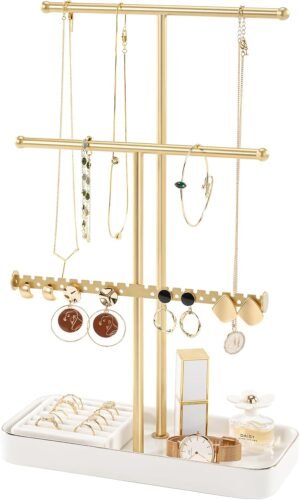 Lolalet Jewelry Necklace Holder with Ceramic Base, 14.2″ Gold Jewelry Display Stand with Velvet Ring Tray Jewellery Organizer for Necklaces Bracelets Earrings