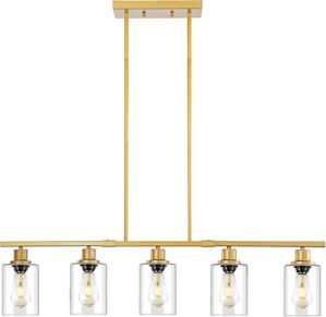 39.4″ Kitchen Island Lighting, 5 Lights Clear Glass Pendant Light Fixtue, Golden Linear Metal Chandelier for Dining&Living Room Foyer,Height Adjustable,E26 Socket