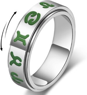 AmorArtSky Glow in the Dark Fidget Ring – 12 Zodiac Spinning Anxiety Relief Jewelry for Adults, 18K Gold Stainless Steel Constellation Gift (Christmas Birthday Raves)