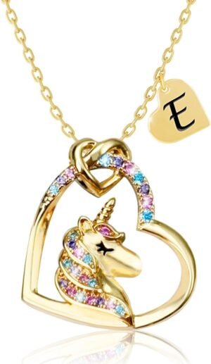 Valentines Day Gifts – Unicorn Necklace Gifts for Girls, Gold CZ Heart Unicorn Jewelry Initial Girls Birthday Colorful Heart Necklace Birthday present