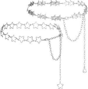 2 Pcs Star Chain Belt for Women, Adjustable Y2K Metal Waist Belt – Punk Body Belt Jewelry for Dresses, Jeans & Rave