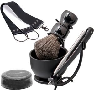 Luxury Men’s Shaving Kit Gift Set, DanNuo Barber Straight Razor with Stand Shaving Brush Dual-Layer Leather Razor Strop Bowl Soap 6pcs Shaving Set for Men