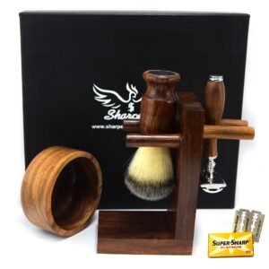 Safety Razor Shaving Kit, Double Edge Razor Blades,Hair shaving Brush wood Handle, Wood Shaving Bowl And Shaving Stand Kit, Wet Shave Grooming Set for Men Best shaving set Gift For Gentleman