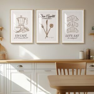 Framed Neutral Wall Art for Dining Room Wall Decor, 3 Piece Modern French Breakfast Prints Paintings Artwork for Walls, Coffee Fork Croissant Pictures for Dining Room Area, Breakfast Nook, Restaurant, Cafe Decor