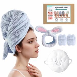 Personal care 3pc set, includes large long hair drying towel, headband and facial mask can be used to open pores – anti-curl drying hair towel with elastic band, perfect set for women (blue)