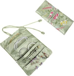 Embroidery Travel Jewelry Bag Roll, Embroidery Jewelry Organizer Roll, Jewelry Travel Bag, Embroidered Flower and Bird Brocade Organizer with Tie, Foldable Ancient Style Pouch, Jewellery Organizer