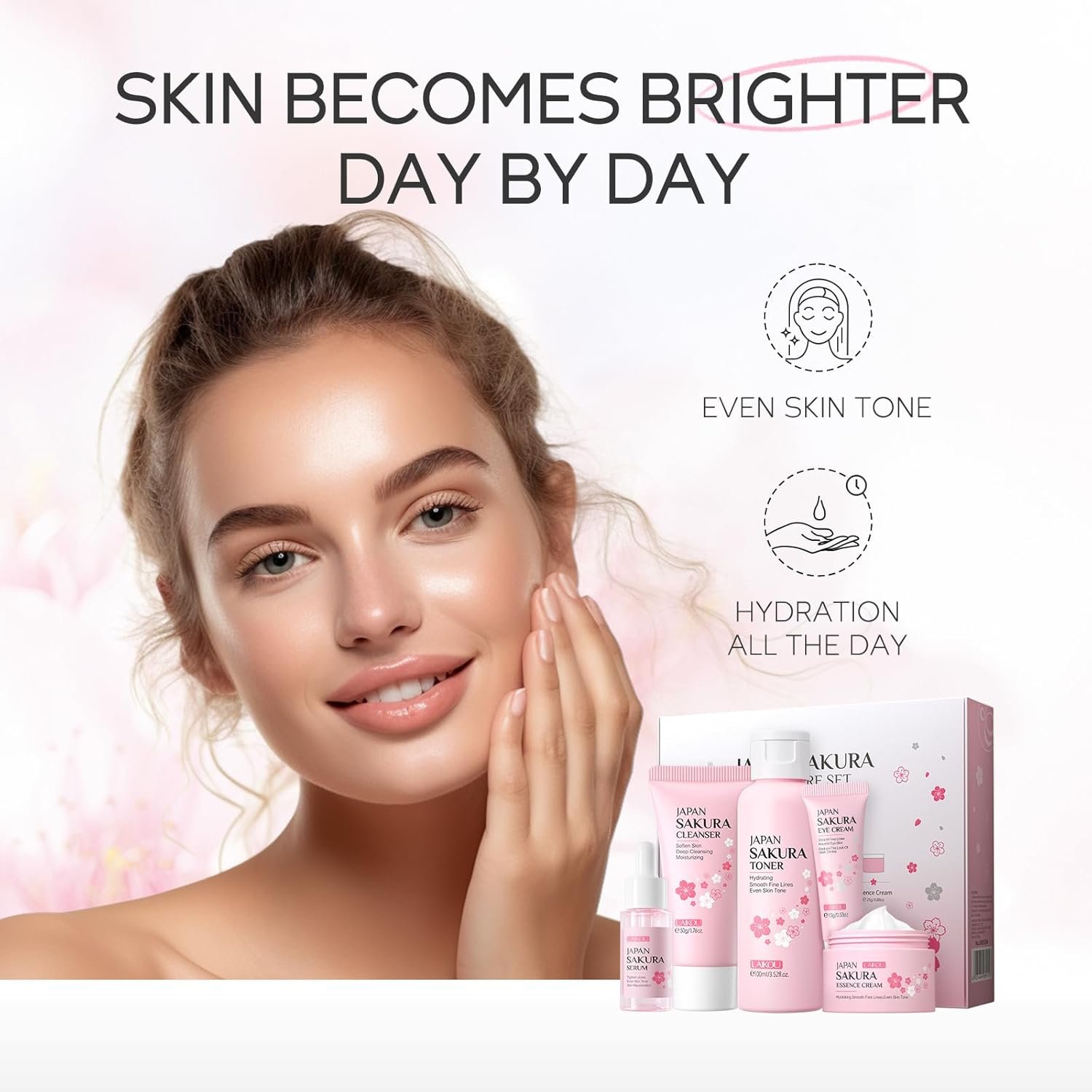 Skin Care Set JAPAN SAKURA Women Beauty Gift Sets Skin Care Kit with Cleanser, Toner, Serum, Eye Cream, Face Cream Travel Kit for Women Teen Girls Mom Daughter Birthday TSA-friendly Sizes 5pcs - Image 4