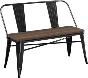 Yaheetech Industrial Metal Dining Bench Mid-Century Farmhouse Bench with Wooden Top Seat and Removable Backrest for Kitchen/Garden, Black